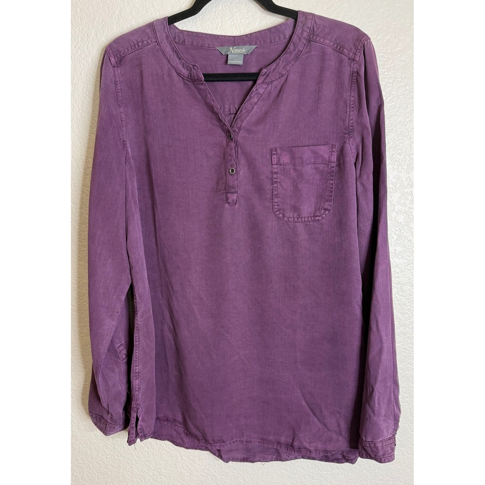 Natural Reflections Womens L Purple Henley Blouse Top Long Sleeve Chic‎ Preppy